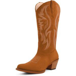 Women Brown  Mid Calf - Suede Cowgirl Boots Pointed Toe Chunky Heel Western